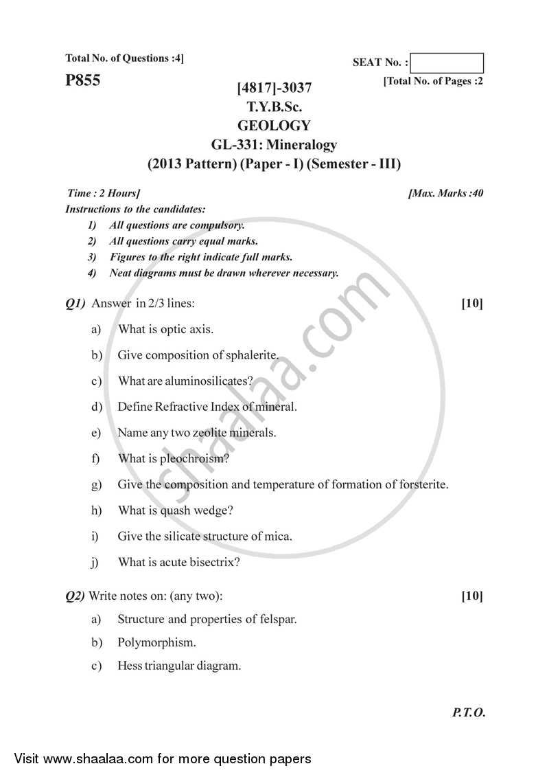 Mineralogy 2015-2016 - B.Sc. - Semester 5 (TYBSc) - University of Pune question paper with PDF download