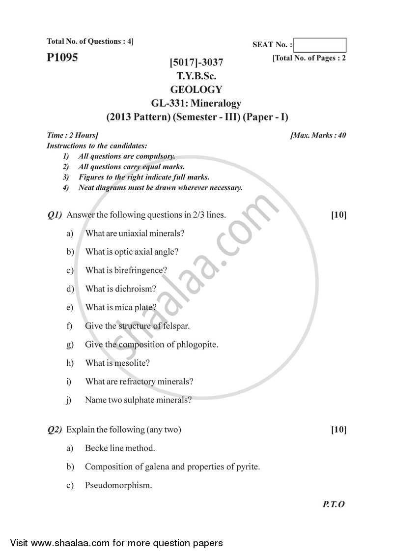 Mineralogy 2016-2017 - B.Sc. - Semester 5 (TYBSc) - University of Pune question paper with PDF download