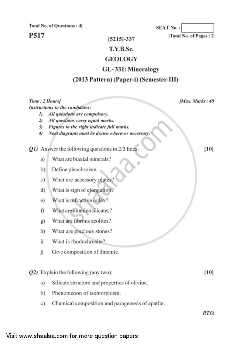 Mineralogy 2017-2018 - B.Sc. - Semester 5 (TYBSc) - University of Pune question paper with PDF download