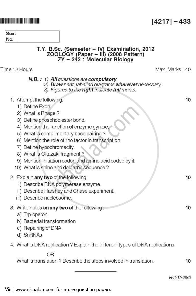 Molecular Biology 2012-2013 - B.Sc. - Semester 6 (TYBSc) - University of Pune question paper with PDF download