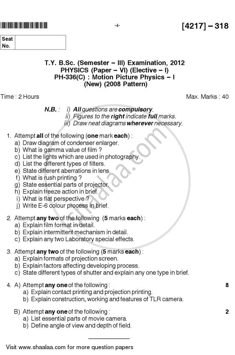 Motion Picture Physics 2012-2013 - B.Sc. - Semester 5 (TYBSc) - University of Pune question paper with PDF download