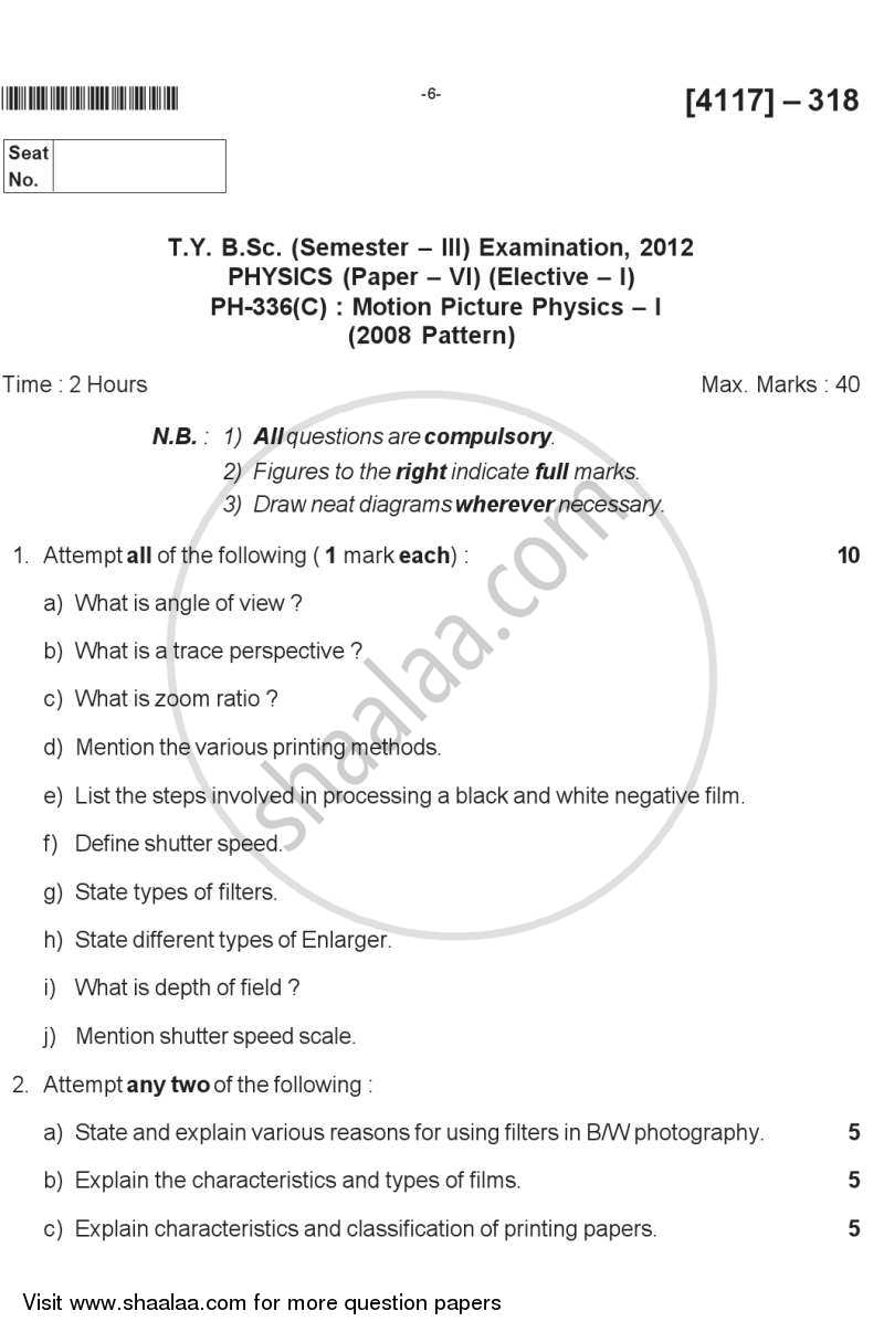 Motion Picture Physics 2012-2013 - B.Sc. - Semester 5 (TYBSc) - University of Pune question paper with PDF download
