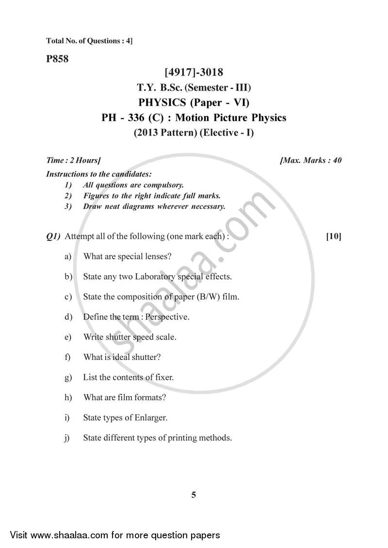 Motion Picture Physics 2015-2016 - B.Sc. - Semester 5 (TYBSc) - University of Pune question paper with PDF download