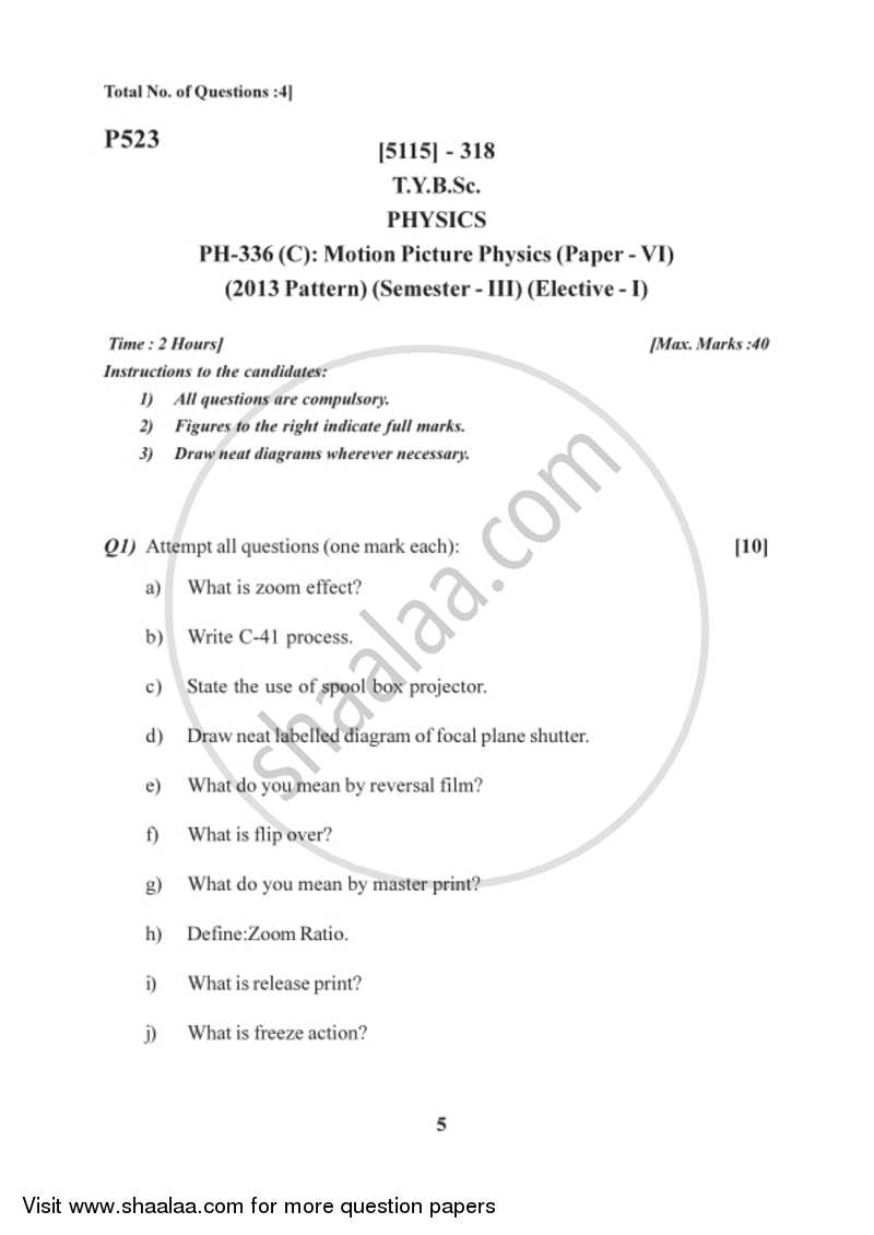 Motion Picture Physics 2016-2017 - B.Sc. - Semester 5 (TYBSc) - University of Pune question paper with PDF download