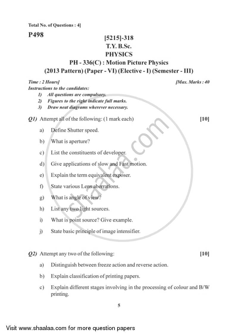 Motion Picture Physics 2017-2018 - B.Sc. - Semester 5 (TYBSc) - University of Pune question paper with PDF download