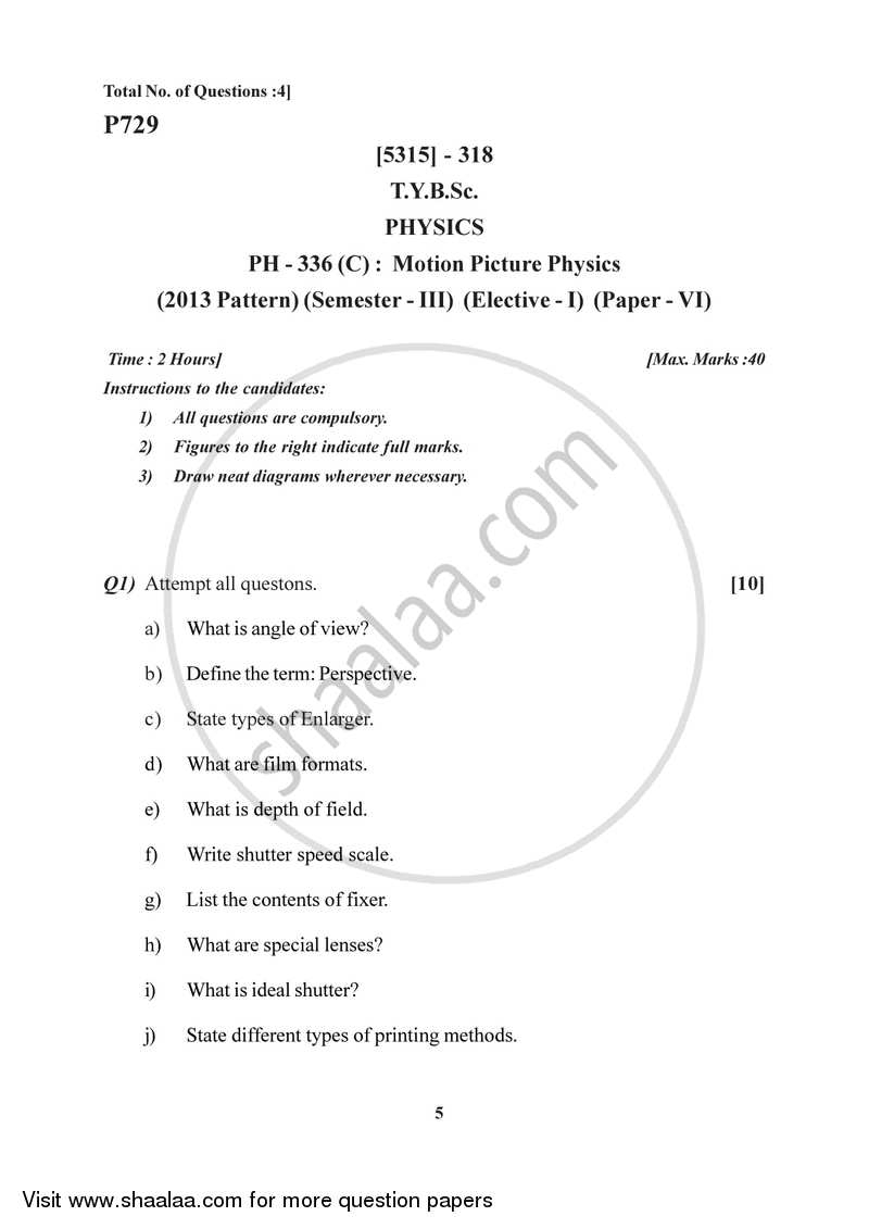 Motion Picture Physics 2017-2018 - B.Sc. - Semester 5 (TYBSc) - University of Pune question paper with PDF download