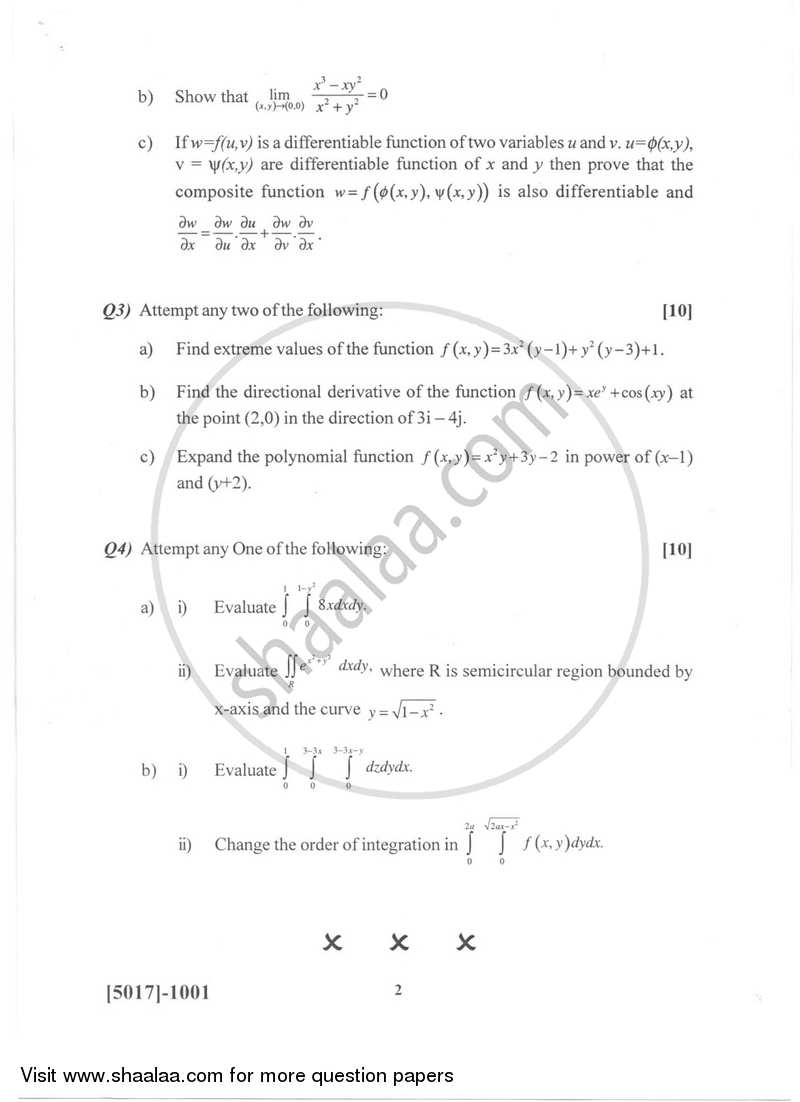 Multivariable Calculus 1 2016-2017 - B.Sc. - Semester 3 (SYBSc) - University of Pune question paper with PDF download