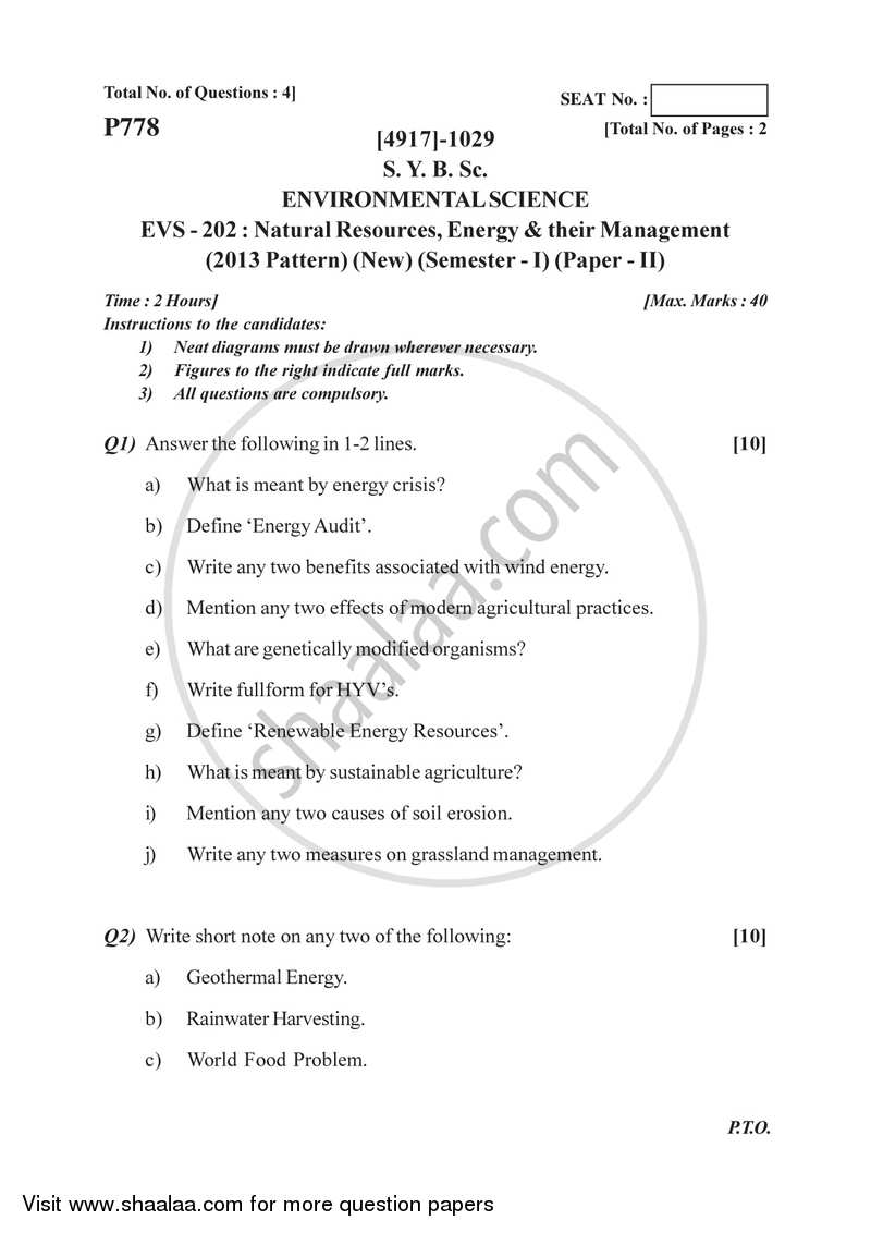 Natural Resources, Energy and Their Management 2015-2016 - B.Sc. - Semester 3 (SYBSc) - University of Pune question paper with PDF download
