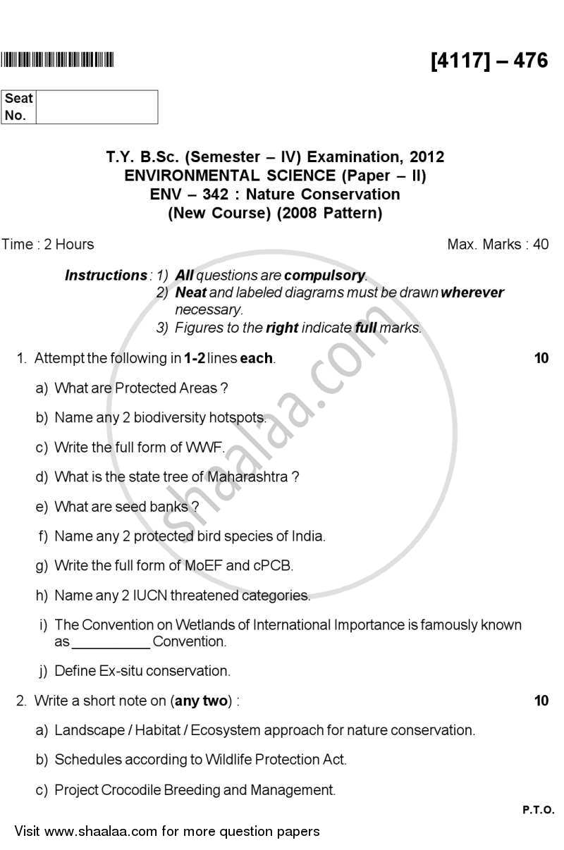 Nature Conservation 2012-2013 - B.Sc. - Semester 6 (TYBSc) - University of Pune question paper with PDF download
