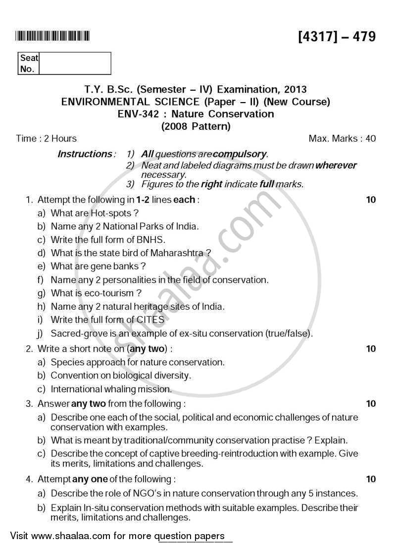 Nature Conservation 2013-2014 - B.Sc. - Semester 6 (TYBSc) - University of Pune question paper with PDF download