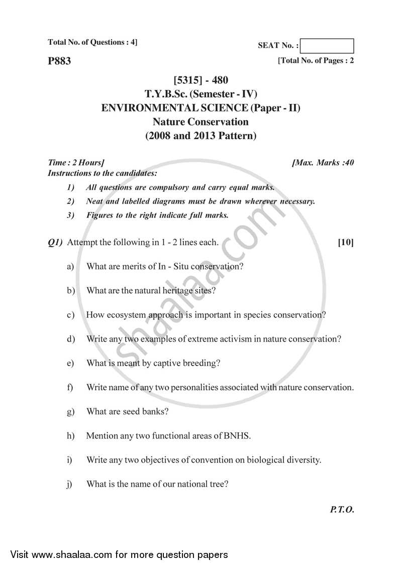 Nature Conservation 2017-2018 - B.Sc. - Semester 6 (TYBSc) - University of Pune question paper with PDF download