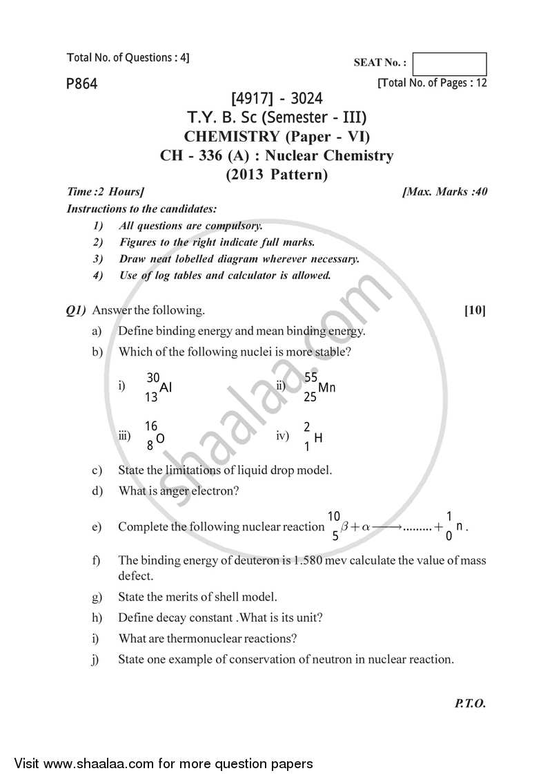 Nuclear Chemistry 2015-2016 - B.Sc. - Semester 5 (TYBSc) - University of Pune question paper with PDF download