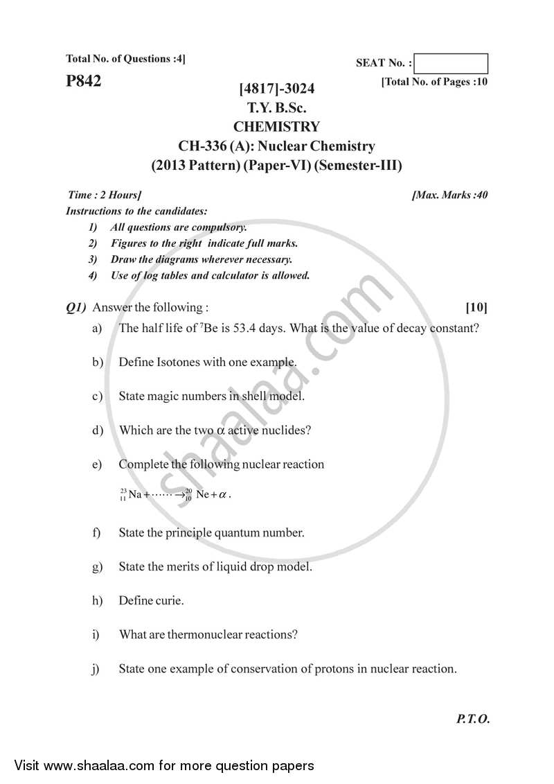 Nuclear Chemistry 2015-2016 - B.Sc. - Semester 5 (TYBSc) - University of Pune question paper with PDF download
