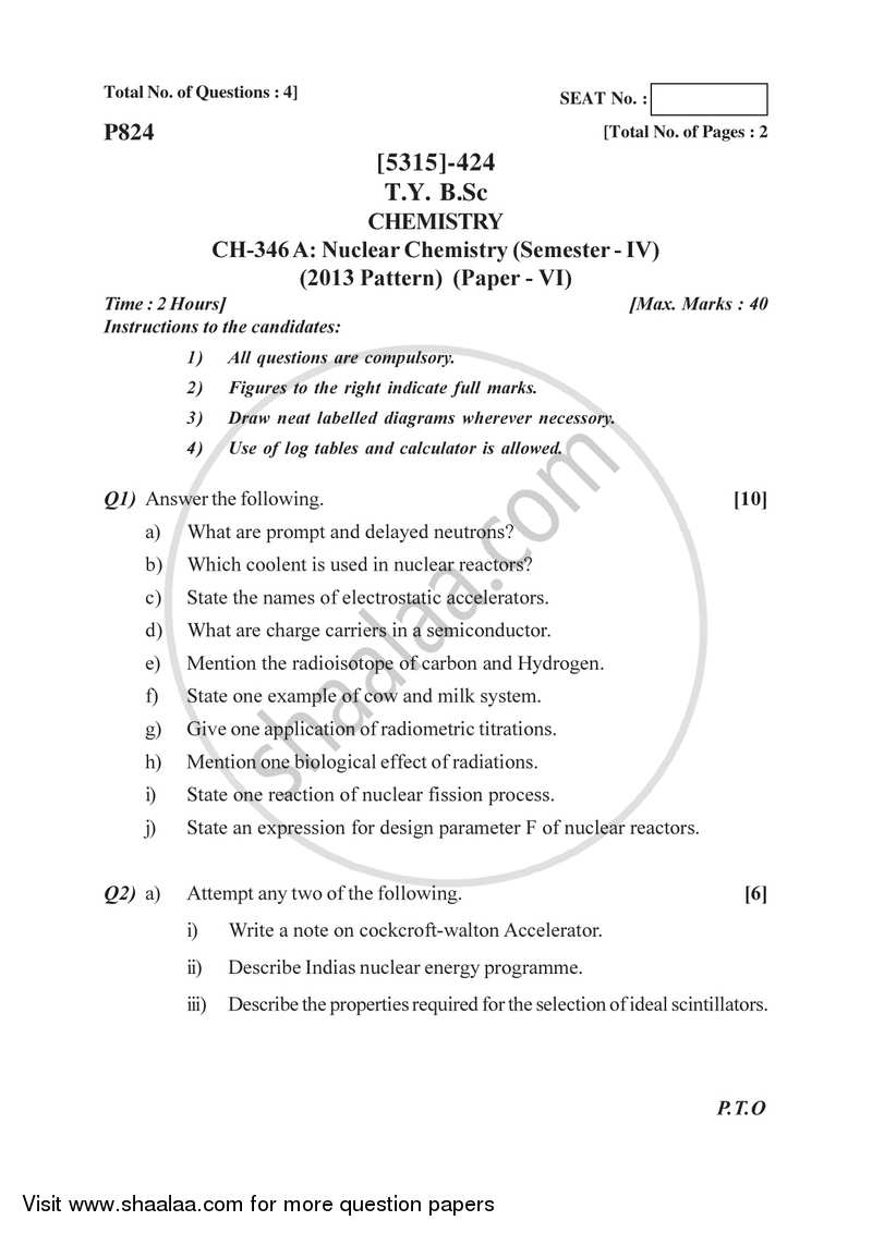 Nuclear Chemistry 2017-2018 - B.Sc. - Semester 6 (TYBSc) - University of Pune question paper with PDF download