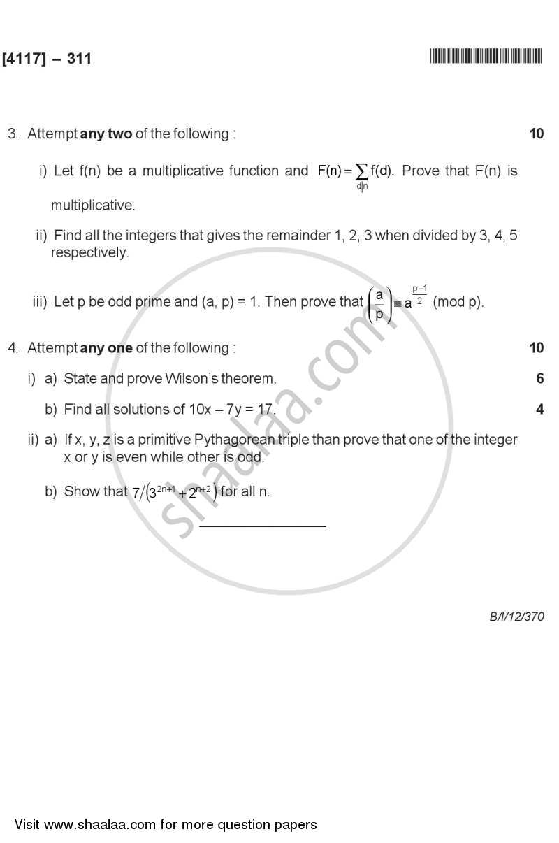 Number Theory 2012-2013 - B.Sc. - Semester 5 (TYBSc) - University of Pune question paper with PDF download