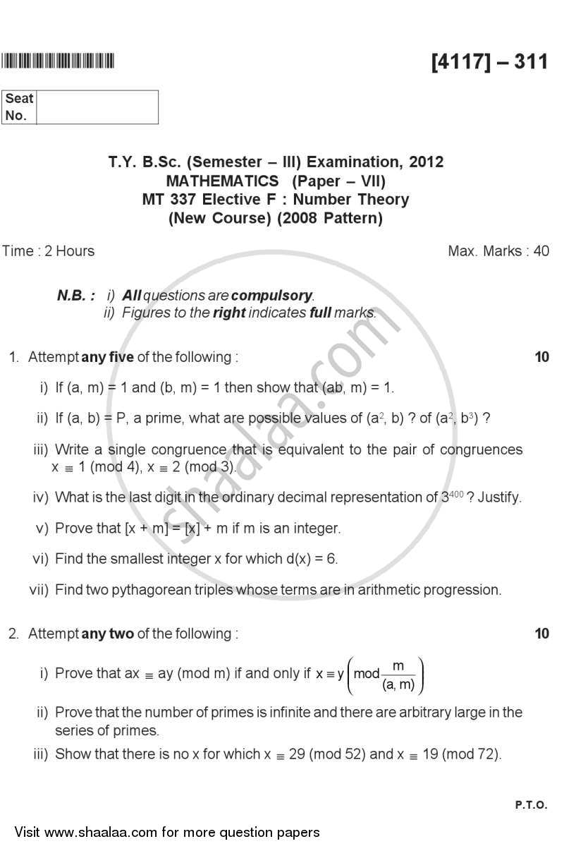 Number Theory 2012-2013 - B.Sc. - Semester 5 (TYBSc) - University of Pune question paper with PDF download