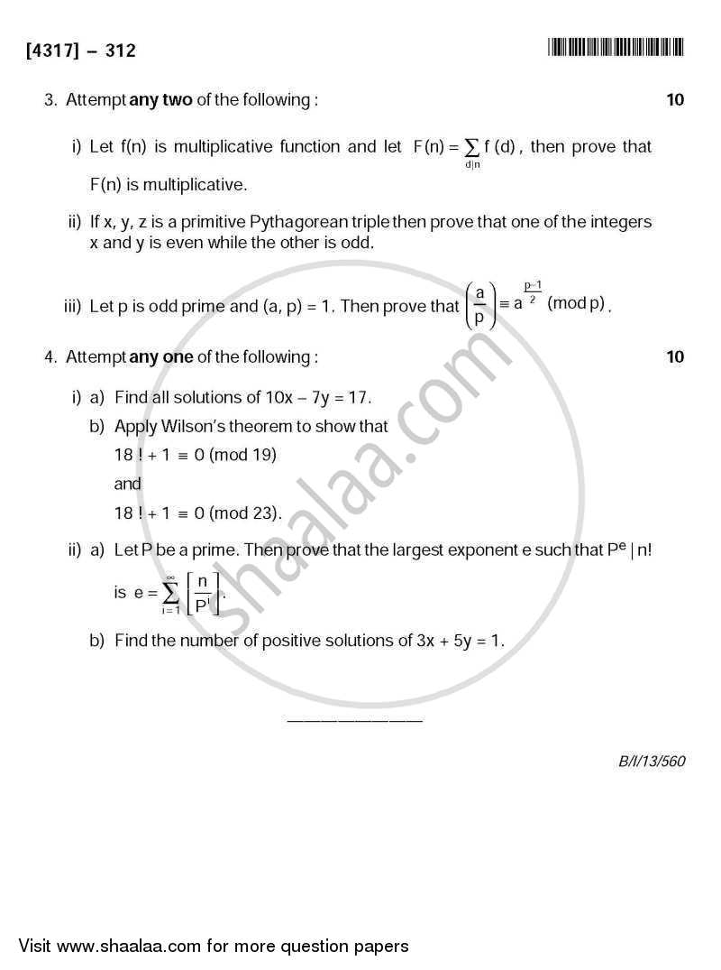 Number Theory 2013-2014 - B.Sc. - Semester 5 (TYBSc) - University of Pune question paper with PDF download
