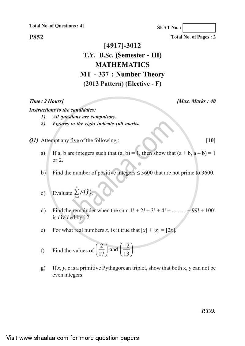 Number Theory 2015-2016 - B.Sc. - Semester 5 (TYBSc) - University of Pune question paper with PDF download