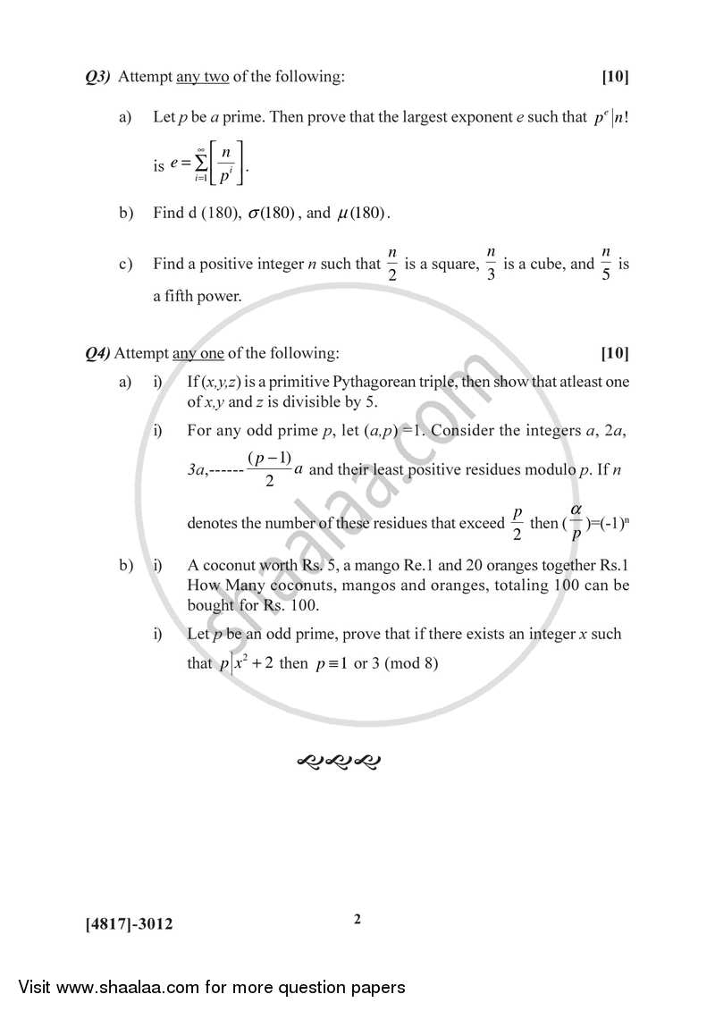 Number Theory 2015-2016 - B.Sc. - Semester 5 (TYBSc) - University of Pune question paper with PDF download