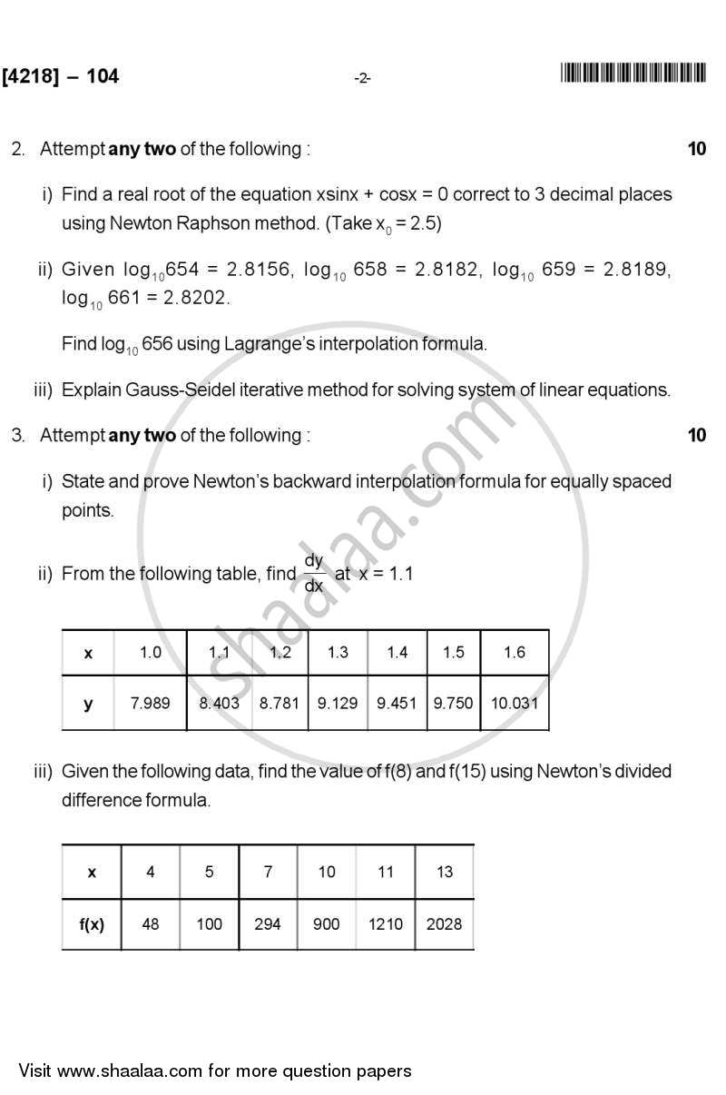 Numerical Analysis 2012-2013 - B.Sc. - Semester 3 (SYBSc) - University of Pune question paper with PDF download