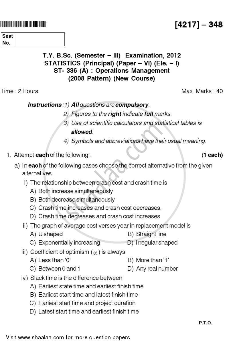 Operations Management 2012-2013 - B.Sc. - Semester 5 (TYBSc) - University of Pune question paper with PDF download