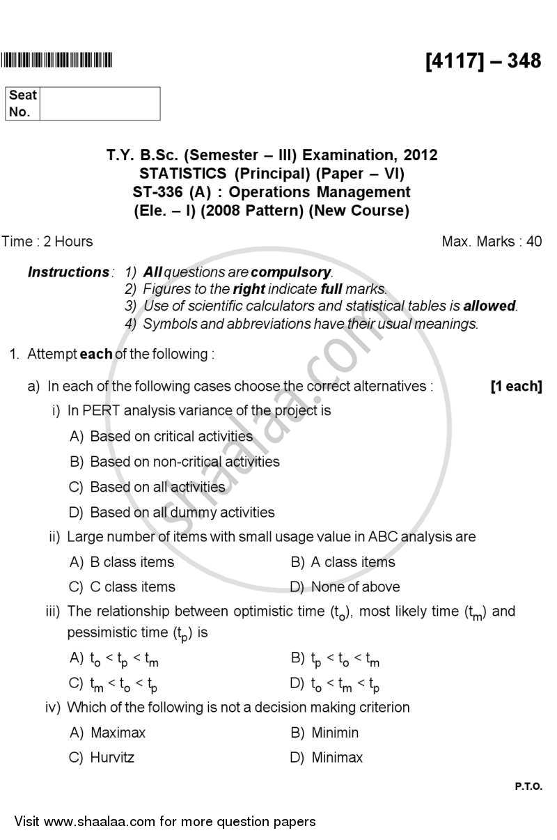 Operations Management 2012-2013 - B.Sc. - Semester 5 (TYBSc) - University of Pune question paper with PDF download