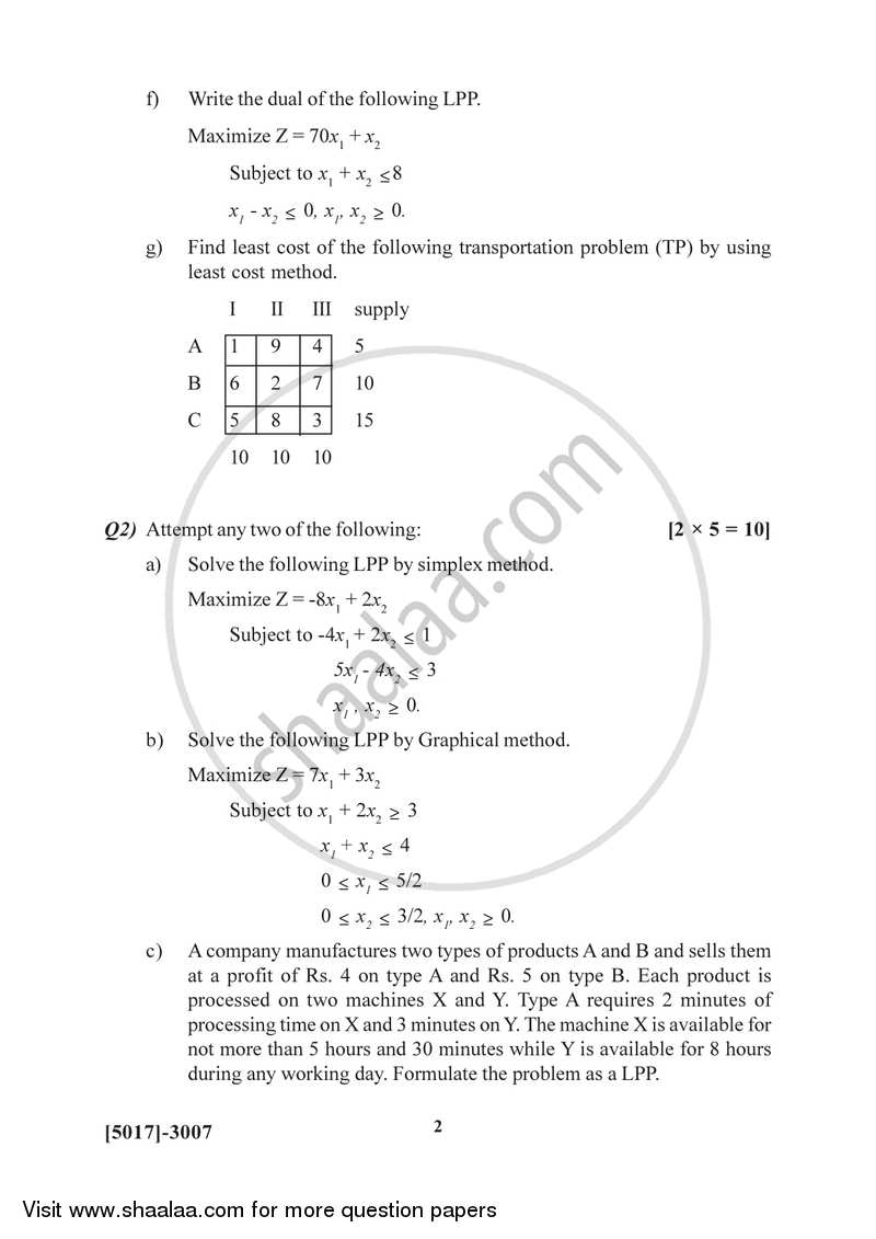 Operations Research 2016-2017 - B.Sc. - Semester 5 (TYBSc) - University of Pune question paper with PDF download