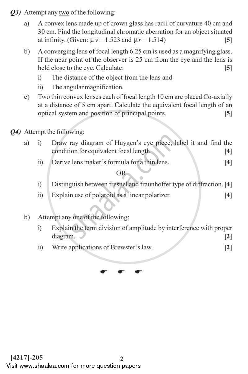 Optics 2012-2013 - B.Sc. - Semester 4 (SYBSc) - University of Pune question paper with PDF download