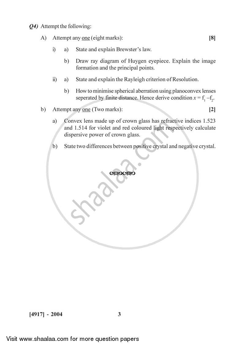 Optics 2015-2016 - B.Sc. - Semester 4 (SYBSc) - University of Pune question paper with PDF download