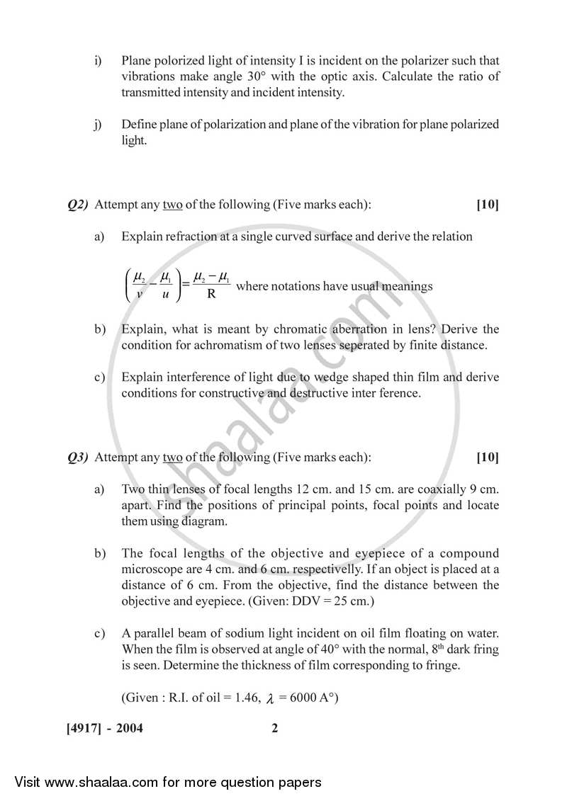 Optics 2015-2016 - B.Sc. - Semester 4 (SYBSc) - University of Pune question paper with PDF download