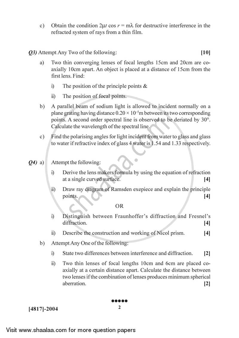 Optics 2015-2016 - B.Sc. - Semester 4 (SYBSc) - University of Pune question paper with PDF download