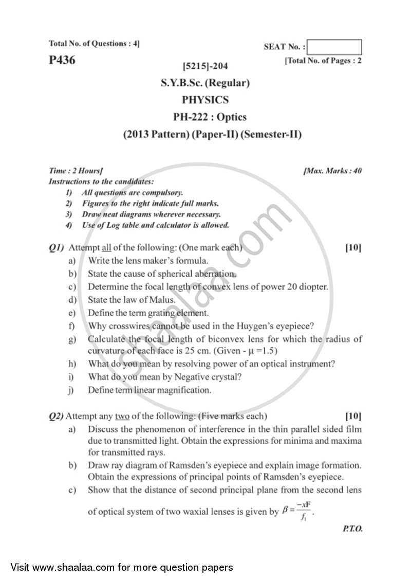 Optics 2017-2018 - B.Sc. - Semester 4 (SYBSc) - University of Pune question paper with PDF download
