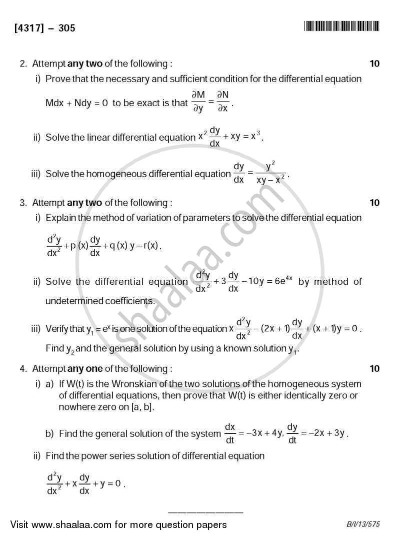 Ordinary Differential Equations 2013-2014 - B.Sc. - Semester 5 (TYBSc) - University of Pune question paper with PDF download