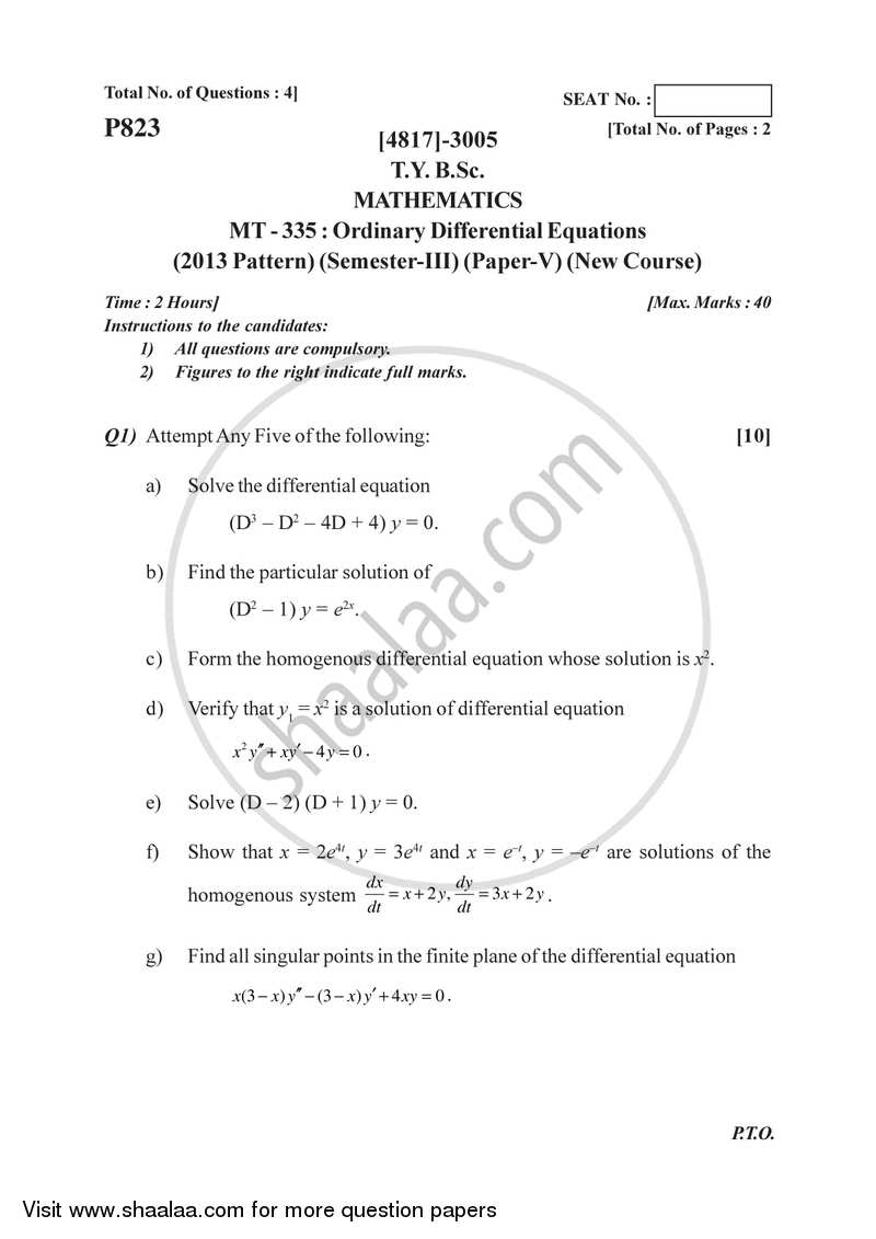 Ordinary Differential Equations 2015-2016 - B.Sc. - Semester 5 (TYBSc) - University of Pune question paper with PDF download