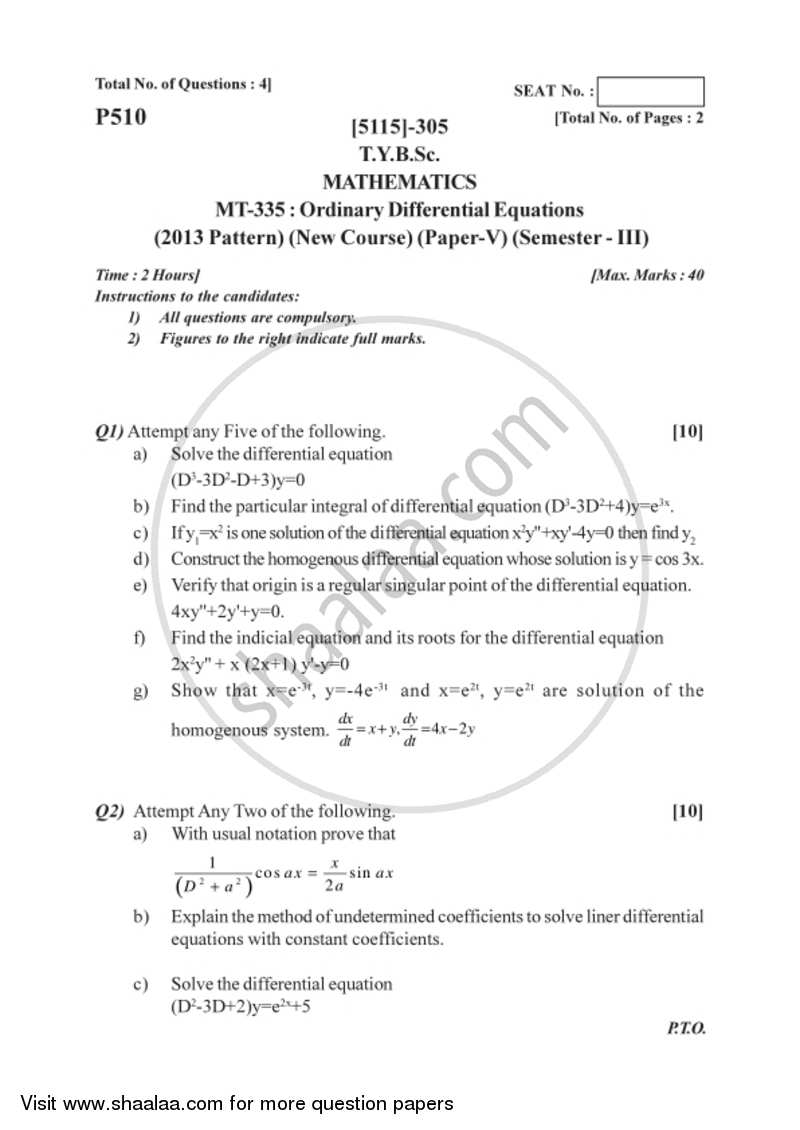 Ordinary Differential Equations 2016-2017 - B.Sc. - Semester 5 (TYBSc) - University of Pune question paper with PDF download