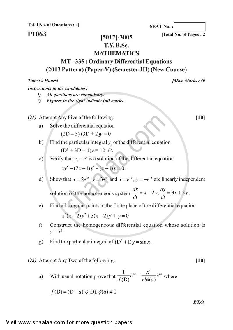 Ordinary Differential Equations 2016-2017 - B.Sc. - Semester 5 (TYBSc) - University of Pune question paper with PDF download