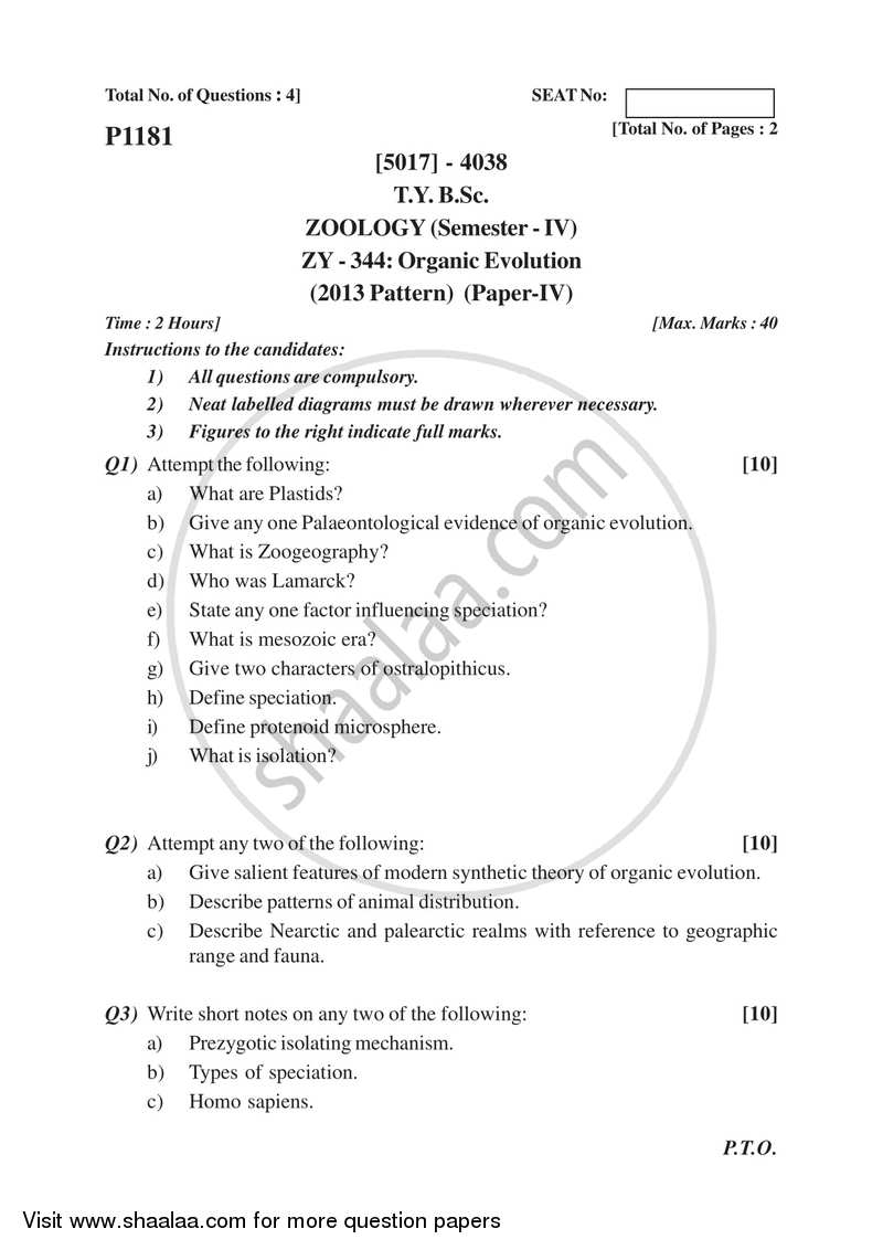 Organic Evolution 2016-2017 - B.Sc. - Semester 6 (TYBSc) - University of Pune question paper with PDF download