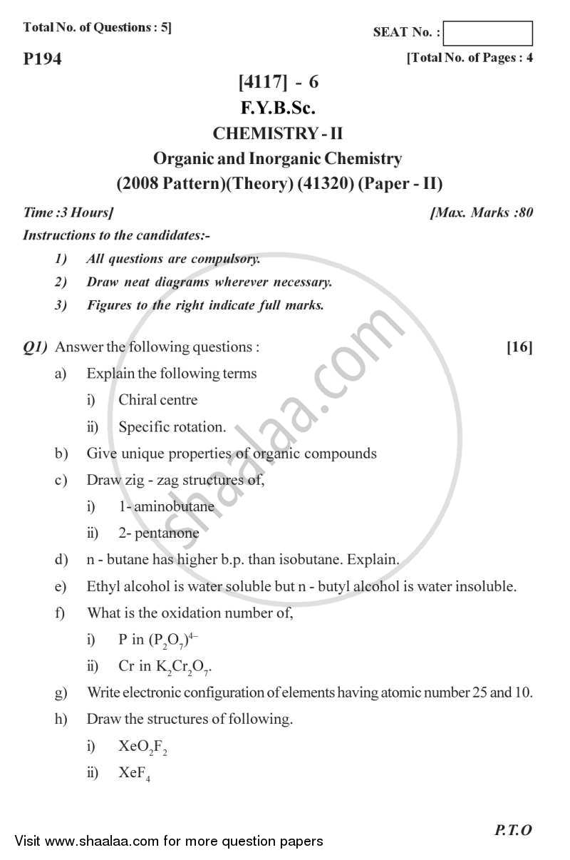 Organic and Inorganic Chemistry 2012-2013 - B.Sc. - Semester 2 (FYBSc) - University of Pune question paper with PDF download