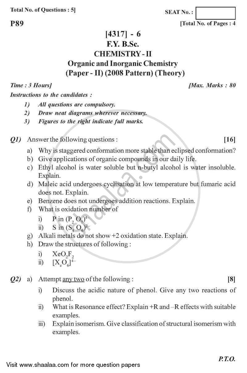 Organic and Inorganic Chemistry 2013-2014 - B.Sc. - Semester 2 (FYBSc) - University of Pune question paper with PDF download