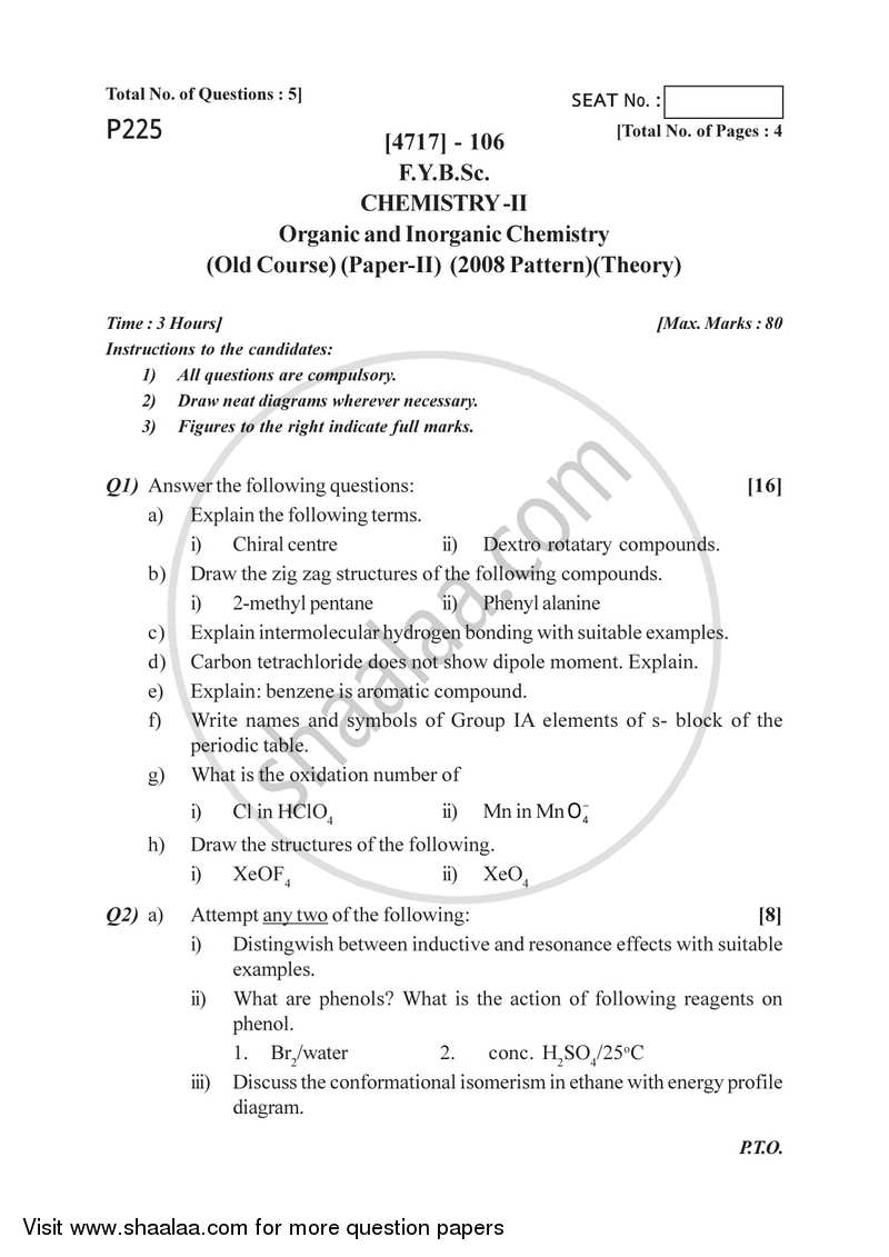 Organic and Inorganic Chemistry 2014-2015 - B.Sc. - Semester 2 (FYBSc) - University of Pune question paper with PDF download