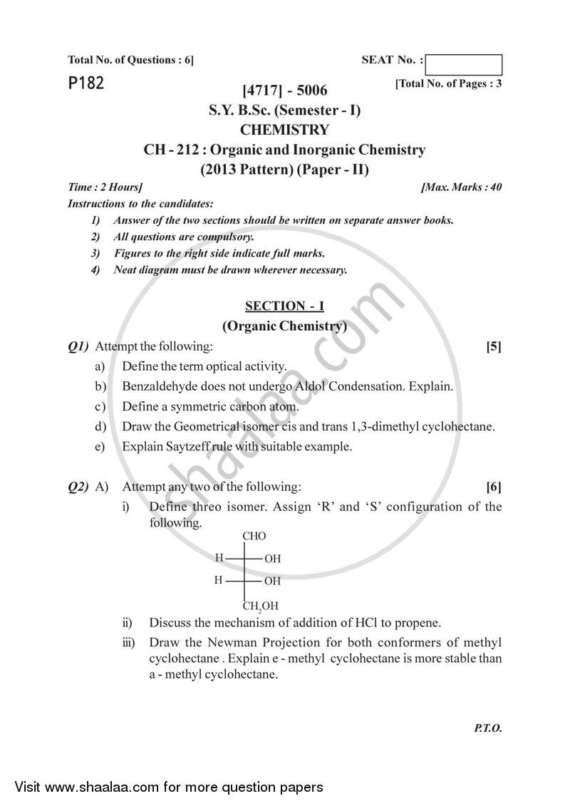 Organic and Inorganic Chemistry 2014-2015 - B.Sc. - Semester 3 (SYBSc) - University of Pune question paper with PDF download