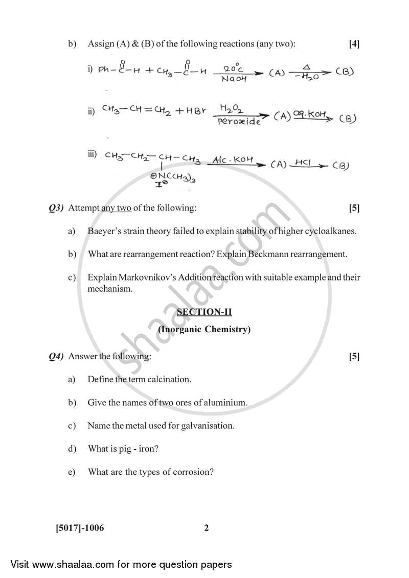 Organic and Inorganic Chemistry 2016-2017 - B.Sc. - Semester 3 (SYBSc) - University of Pune question paper with PDF download