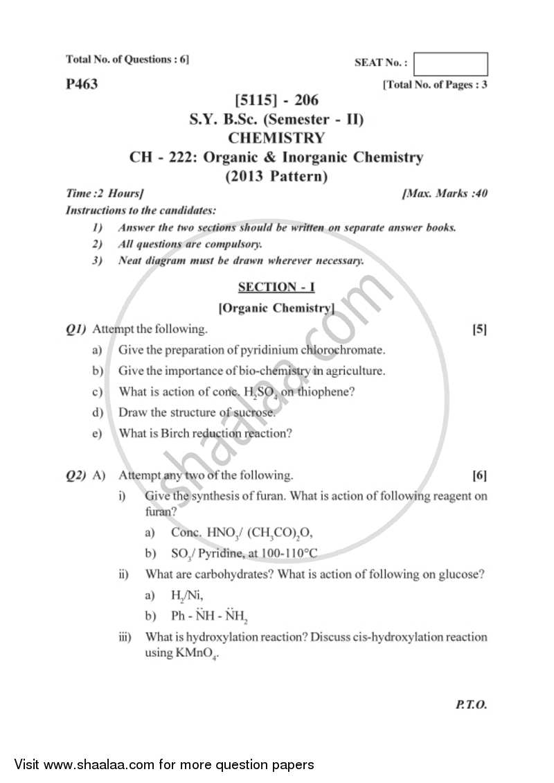 Organic and Inorganic Chemistry 2016-2017 - B.Sc. - Semester 4 (SYBSc) - University of Pune question paper with PDF download