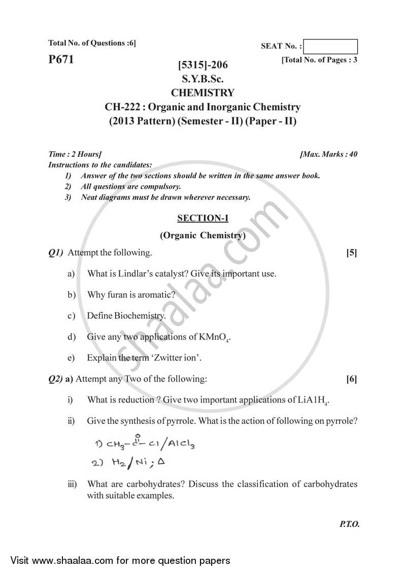 Organic and Inorganic Chemistry 2017-2018 - B.Sc. - Semester 4 (SYBSc) - University of Pune question paper with PDF download