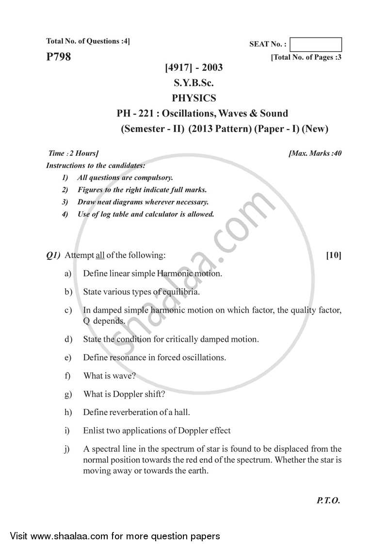 Oscillations, Waves and Sound 2015-2016 - B.Sc. - Semester 4 (SYBSc) - University of Pune question paper with PDF download