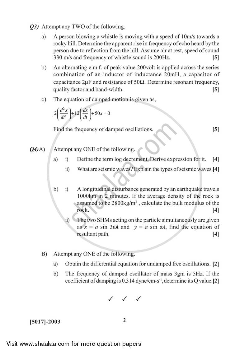Oscillations, Waves and Sound 2016-2017 - B.Sc. - Semester 4 (SYBSc) - University of Pune question paper with PDF download