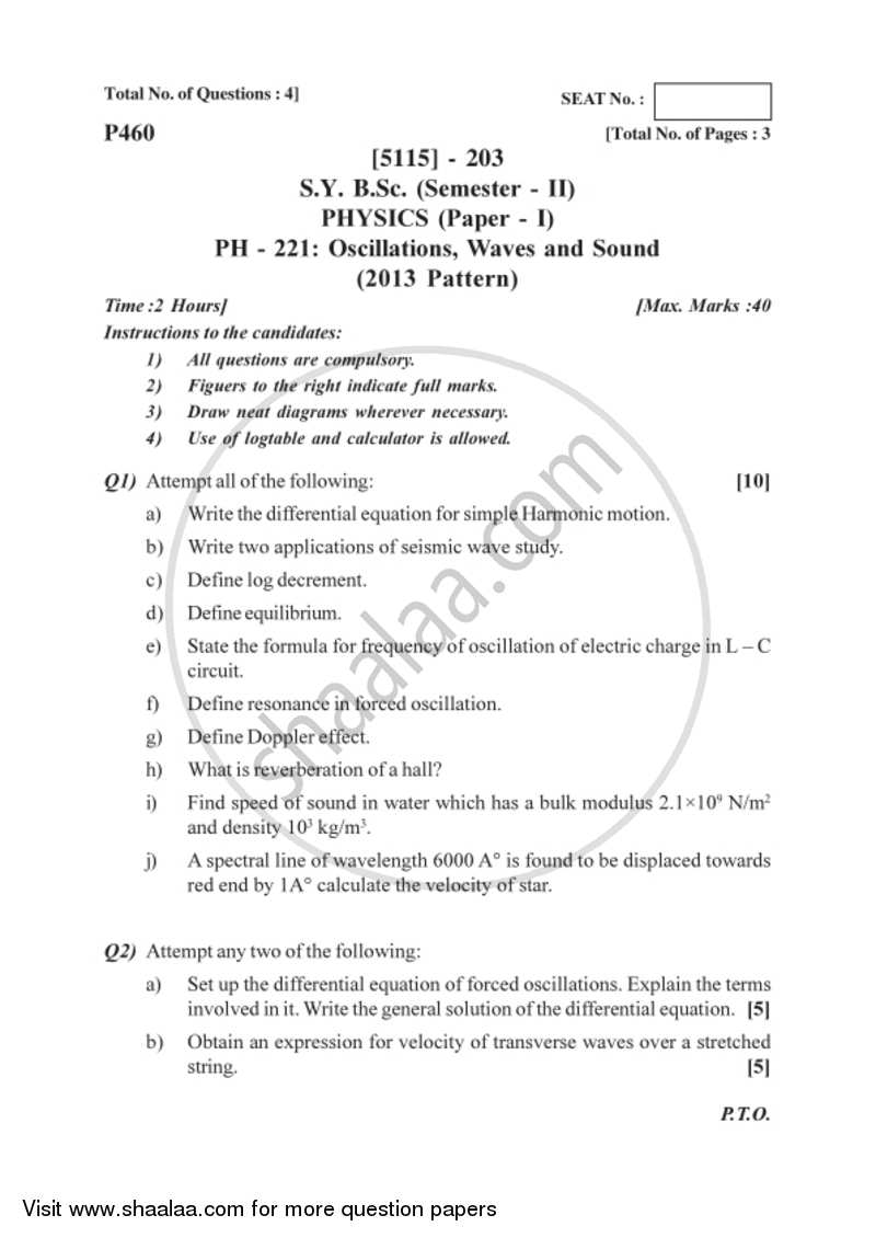 Oscillations, Waves and Sound 2016-2017 - B.Sc. - Semester 4 (SYBSc) - University of Pune question paper with PDF download