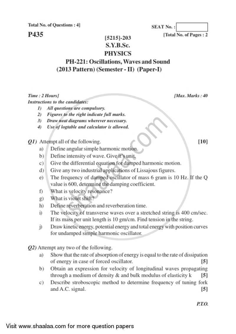 Oscillations, Waves and Sound 2017-2018 - B.Sc. - Semester 4 (SYBSc) - University of Pune question paper with PDF download