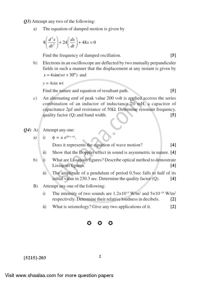 Oscillations, Waves and Sound 2017-2018 - B.Sc. - Semester 4 (SYBSc) - University of Pune question paper with PDF download