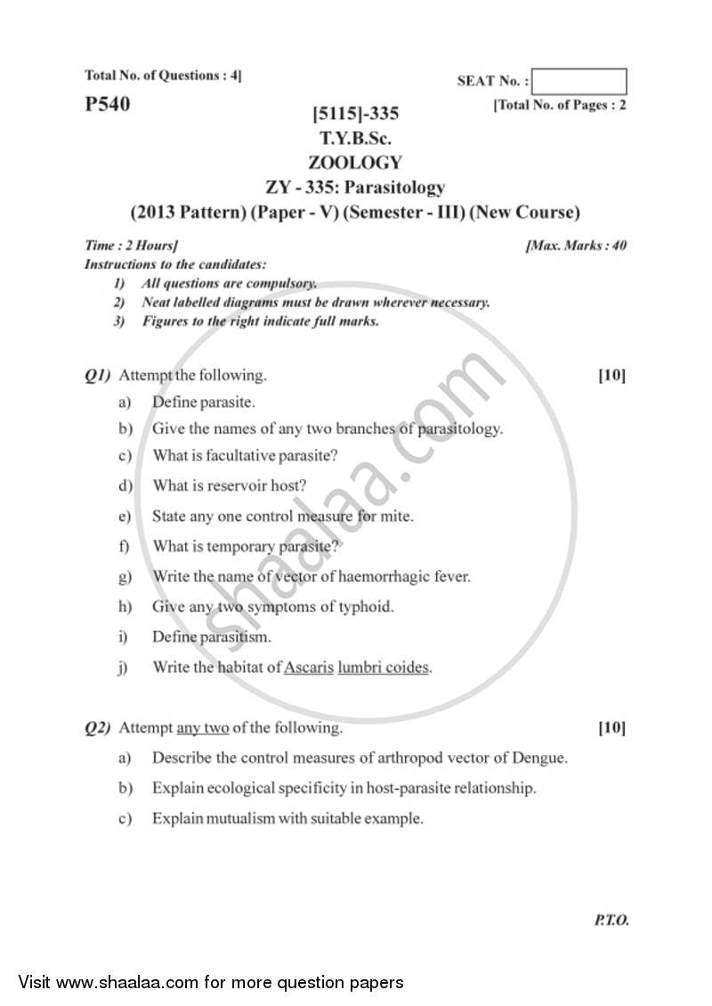 Parasitology 2016-2017 - B.Sc. - Semester 5 (TYBSc) - University of Pune question paper with PDF download